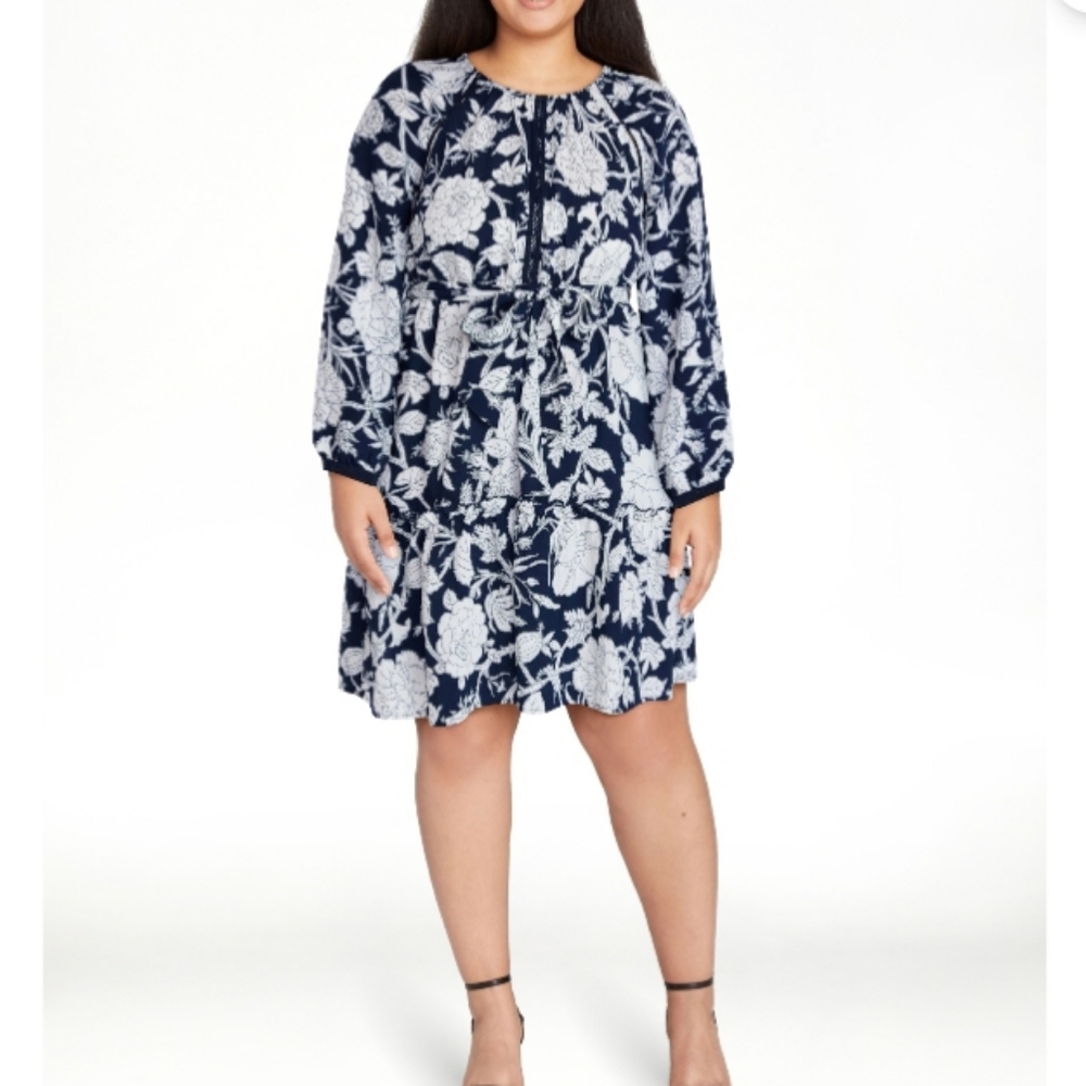 Time And Tru Peasant Dress Navy Floral Sz L XL XXL